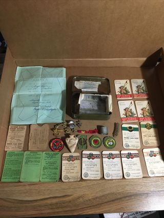 Vintage Boy Scouts Of America Metal First Aid Kit Box,  Pins,  Papers,  Collectors