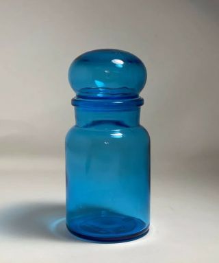 Blue Glass Apothecary Jar W/ Bubble Top 8 3/4 " Mid Century Vintage Belgium