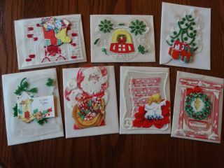 7 Vintage See - Through Celluloid Christmas Cards With Flocked Detail