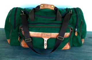 Vintage Ll Bean Green Canvas & Leather Carry On Bag Duffle,