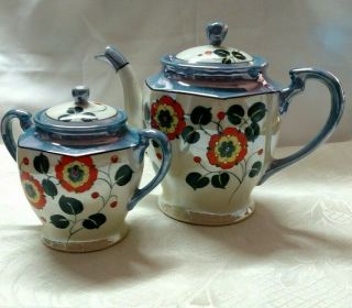 Vintage Tt Lusterware Made In Japan Tea Pot & Sugar Bowl Set - Hand Painted Floral