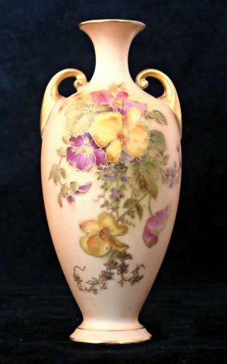 Antique Royal Worcester Blush Ivory Vase Hand - Painted Flowers Gilt Handles 5.  5 "