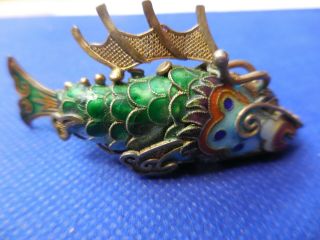 Vintage Antique Chinese Silver Cloisonne Enamel Articulated Fish Pendant Green
