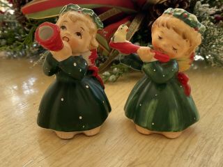 Vintage Set Of Lefton Christmas Angels With Flute & Horn 3 1/2”