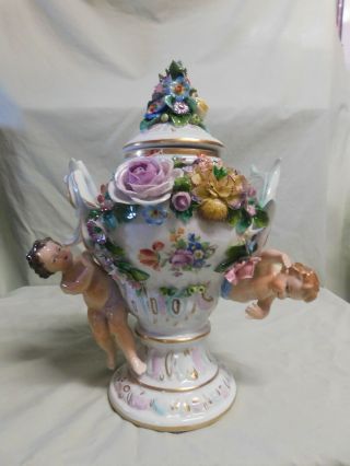 Antique German Sitzendorf Porcelain Voigt Brothers Potpourri Urn Cherubs