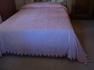 Beauatiful Vintage,  Pink Chenille Bedspread,  Full - Size,  With Chunky - Ball Fringe