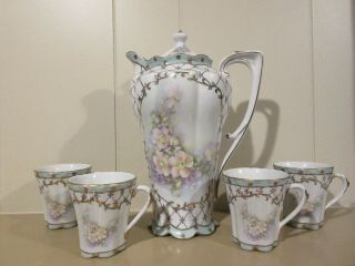 Vintage Nippon Hand Painted Chocolate Set 4 Cups Pot