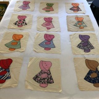 12 Vintage Feed Sack Hand Sewn Sunbonnet Sue Applique Quilt Blocks