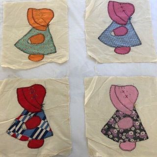 12 Vintage Feed Sack Hand Sewn SUNBONNET SUE Applique Quilt Blocks 3