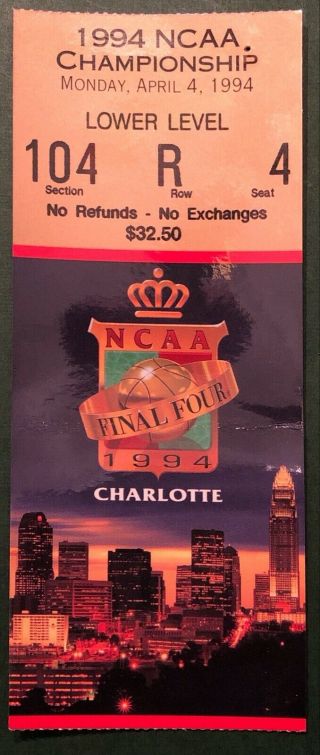 1994 Ncaa Mens Basketball Championship Game Ticket Arkansas (76) Vs.  Duke (72)