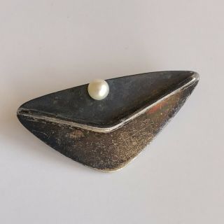 Vintage Mid Century Modern Delfino Mexican Sterling Silver And Pearl Pin Brooch