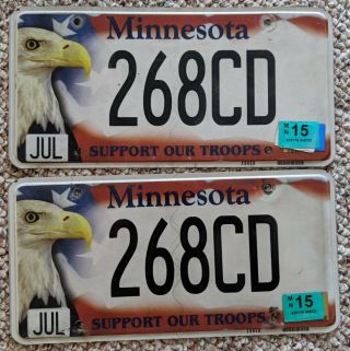 Minnesota 2015 Support The Troops License Plate Pair Eagle Bird Flag