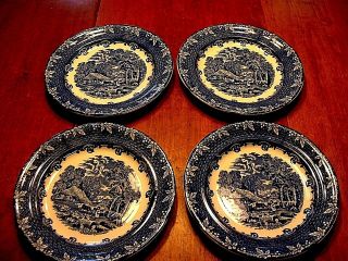 4 Antique George Jones Blue & White Dinner Plates In The Farm Pattern