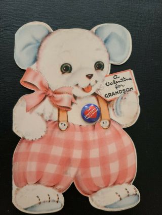 Vtg Hallmark Valentine Greeting Card Diecut Pink Blue Bear With Pin 1930s