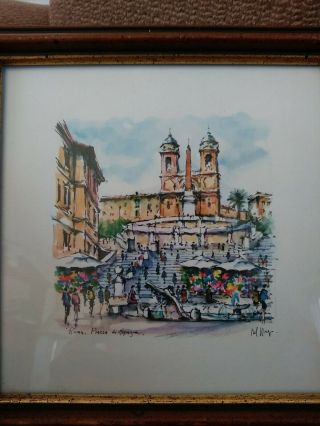 Lovely Old Vintage Wood Framed Roma Piazza Di Spagna Print,  Rome Italy 8 " X8 "