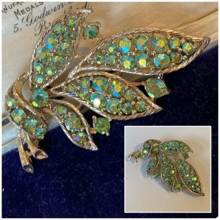 Vintage Jewellery 1950’s Gold Tone Green Ab Crystal Leaf Brooch Pin
