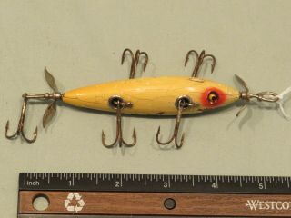 Vintage Heddon Dowagiac Minnow 152 Wood Fishing Lure,  5 Hooks,  Glass Eyes