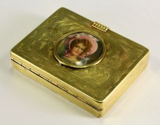 = Antique Fine Italian Chased Brass Compact Snuff Box W.  Miniature Portrait