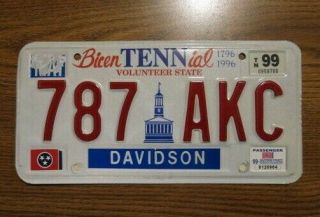 Tennessee / 787 Akc / Bicentennial License Plate / Davidson County 1999