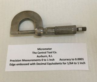 Vintage Micrometer Central Tool Company 0 - 1 " Accuracy To.  0001 Inch
