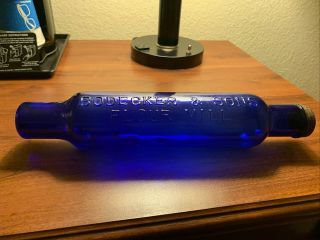 Vintage Blue Glass Rolling Pin Embossed With Bodecker & Sons Flour Co Cobalt