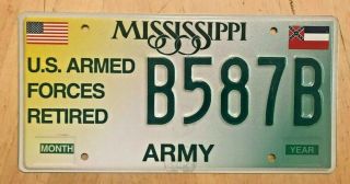 Mississippi United States Armed Forces Retired License Plate " B 587 B " Ms Army