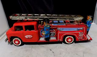 Vintage Tinplate Friction Fire Truck With Pop - Up Ladder,  Siren,  China,  Af