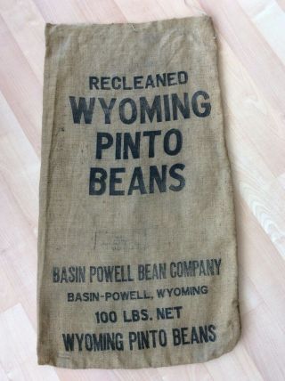 Vintage Recleaned Wyoming Pinto Beans Burlap Bag/sack.  Basin - Powell,  Wy