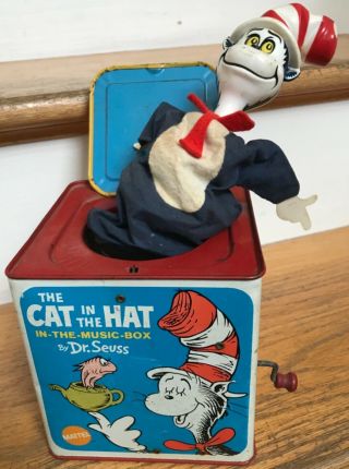 Vintage Dr.  Seuss Cat In The Hat Tin Litho Jack In The Box Hand Wind Toy Mattel
