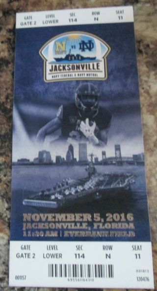 Notre Dame Vs Navy Football Ticket Game Played On 11/5/2016 Jacksonville Fl.
