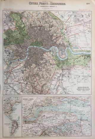 1872 Antique Map: London Plan.  River Thames & Medway,  Portland