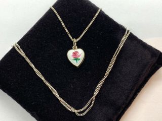 Small Antique Edwardian Silver Guilloche Enamel Rose Heart Pendant Necklace