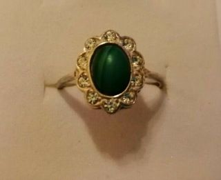 Vintage Sterling Silver Malachite And White Paste Stone Ring Size Q