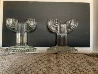 2 Vintage Antique Double Candle Stick Holders Art Deco Pressed Glass