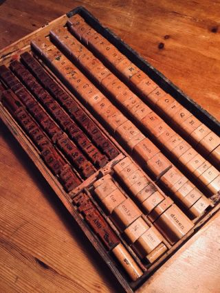 Rare Vintage 1920’s Wooden Shops Hand Printing Block Set In Tray.
