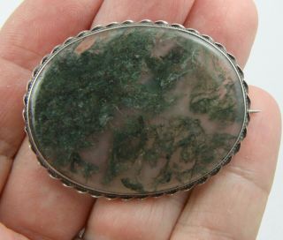 Large Antique Victorian C1890 Sterling Silver Green Moss Agate Brooch Pin