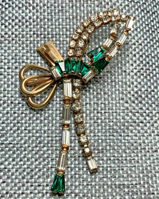 Vintage Emerald Green Clear Rhinestone Brooch Pendant Pin 1/20 12 Kt Gf