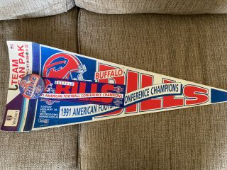 1991 Buffalo Bills Afc Champs Pennant Nfl Fan Pak W/pin And Bumper Sticker.