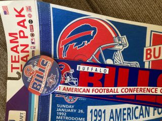 1991 Buffalo Bills AFC Champs Pennant NFL Fan Pak W/pin And Bumper Sticker. 3