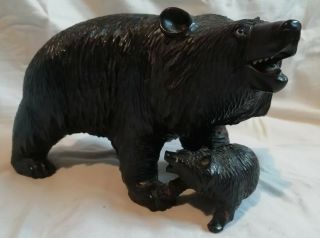 Attractive Vintage Large Black Forest Hand Carved Wooden Bear & Baby Bear