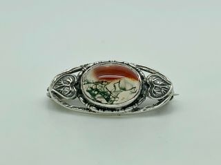 Gorgeous Antique Arts & Crafts Sterling Silver Green Moss Agate Leaf Brooch