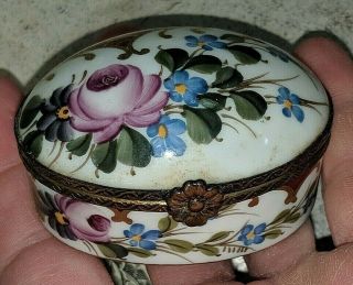Vintage Porcelain Hinged Trinket Ring Box Floral Painted Flowers 2 1/4 "