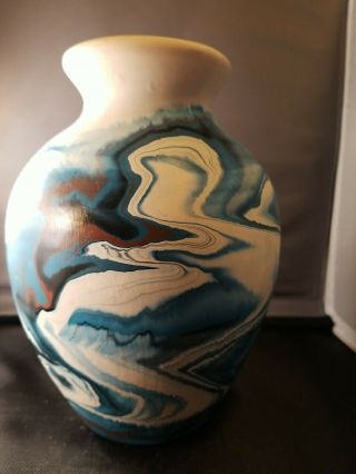 Vintage Nemadji Usa Indian River Art Pottery Blue Brown Swirl Vase Pot 8 "