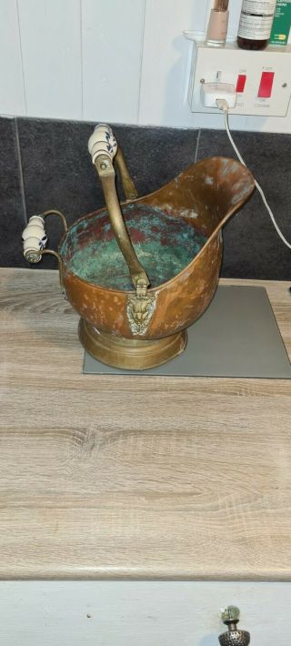 Vintage Copper & Brass Coal Bucket With Porcelain And Lion Attic Find 40 Years