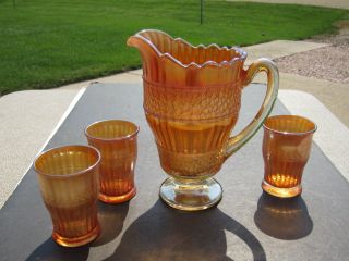 Antique Fenton Scale Band Carnival Glass Pitcher With 3 Tumblers