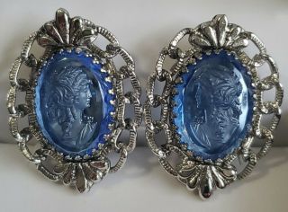 Vintage Whiting And Davis Earrings Blue Glass Cameo Clipon Sliver Tone Signed