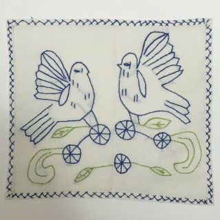 Charming Vintage Embroidery - Birds - Blue -