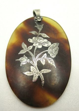 Antique Victorian Faux Tortoiseshell Silver Flower Pendant