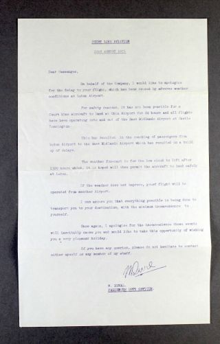 Court Line Passenger Disruption Letter 1971 - Weather Luton Airport