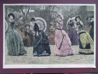 Archery Antique Large Print " Amazons Of The Bow " Date1885 Hand Coloured 49x34cn